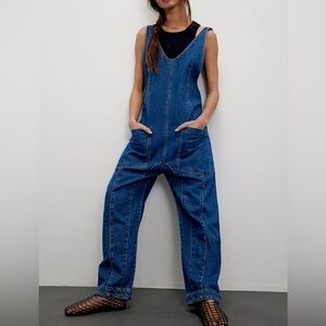 We the Free High Rolled Jumpsuit in sapphire blue